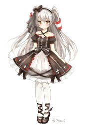 Rule 34 | 10s, 1girl, adapted costume, amatsukaze (kancolle), bare shoulders, black footwear, blush, brown eyes, collarbone, dress, full body, hair tubes, hat, kantai collection, long hair, mini hat, nikoo, shoes, short dress, silver hair, simple background, solo, standing, twintails, twitter username, two side up, white background, white legwear