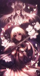 Rule 34 | 1girl, 2girls, artist name, blonde hair, borrowed character, bow (music), breasts, bug, butterfly, dress, flower, glowing butterfly, head tilt, highres, holding, holding instrument, holding violin, insect, instrument, looking at viewer, multiple girls, naomi coco, original, sepia, short hair, small breasts, space, violin