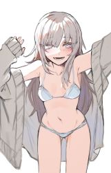 Rule 34 | 1girl, :d, bad id, bad twitter id, blue bra, blue panties, blush, bra, breasts, commentary, english commentary, grey hair, highres, jacket, leaning forward, long hair, looking at viewer, navel, open clothes, open jacket, open mouth, original, panties, pink eyes, simple background, small breasts, smile, solo, standing, tsu (lovesick1964), underwear, underwear only, white background