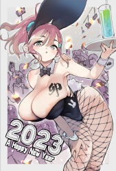 Rule 34 | 1girl, 2023, animal ears, areola slip, armpits, breasts, cleavage, earrings, fake animal ears, fishnet pantyhose, fishnets, highres, holding, holding tray, huge breasts, hyocorou, jewelry, kyouka jinrui amunero, large areolae, large breasts, leotard, myuka (kyouka jinrui amunero), new year, nipple slip, nipples, pantyhose, paparazzi, playboy bunny, rabbit ears, rabbit tail, skindentation, tagme, thick thighs, thighs, tray, wide hips