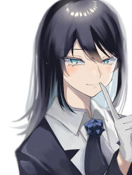 Rule 34 | 1girl, absurdres, ado (utaite), black bow, black bowtie, black hair, black jacket, blue eyes, blue flower, blue hair, blue rose, blush, bow, bowtie, chando (ado), closed mouth, cloud nine inc, collared shirt, colored inner hair, commentary, dress shirt, flower, flower brooch, gloves, grey background, hair between eyes, highres, jacket, long finger, looking at viewer, mole, mole under eye, multicolored hair, rose, shirt, simple background, solo, tsukuno tsuki, two-tone hair, upper body, utaite, white gloves, white shirt