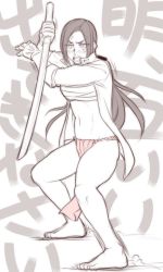Rule 34 | 10s, 1girl, barefoot, blush, commentary request, epaulettes, female admiral (kancolle), full body, fundoshi, gloves, greyscale, holding, holding sword, holding weapon, jacket, japanese clothes, kantai collection, long hair, long sleeves, military, military uniform, monochrome, navel, neko majin, open clothes, open jacket, open mouth, sarashi, sidelocks, solo, standing, sword, translation request, uniform, weapon, wooden sword