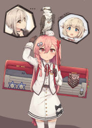 Rule 34 | aged down, alternate costume, animal, animal on head, arm up, ballista (girls&#039; frontline), bird, bird on head, blazer, blouse, blush, blush stickers, bow, braid, collared shirt, dress bow, girls&#039; frontline, gloves, hair between eyes, hair bow, hair ornament, hair ribbon, hairclip, hexagram, highres, holding strap, jacket, leg ribbon, long hair, looking at viewer, negev (girls&#039; frontline), negev (little drifter) (girls&#039; frontline), official alternate costume, on head, one side up, open clothes, open jacket, pink hair, pkpkpppk, pout, red bow, red eyes, ribbon, shirt, short hair, side braid, skirt, sleeve cuffs, star of david, thigh ribbon, thighhighs, weapon case, white blazer, white gloves, white legwear, white shirt, white skirt
