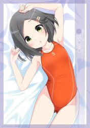 Rule 34 | 1girl, artist name, black hair, character name, chestnut mouth, competition swimsuit, cowboy shot, flat chest, forehead, gluteal fold, green eyes, hair ornament, hairclip, highres, inaba shiki, kantai collection, kuroshio (kancolle), looking at viewer, lying, one-piece swimsuit, orange one-piece swimsuit, parted bangs, short hair, solo, swimsuit
