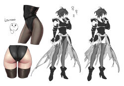 Rule 34 | 1girl, ahoge, armor, ass, black leotard, black thighhighs, boots, breastplate, breasts, cape, commentary request, emoji, english text, expressionless, fingerless gloves, genderswap, genderswap (mtf), gloves, granblue fantasy, greyscale, hair between eyes, high heel boots, high heels, highres, hood, hood down, huge ass, leotard, messy hair, monochrome, multiple views, pantyhose, red eyes, sandalphon (granblue fantasy), short hair, small breasts, solo focus, spot color, thighhighs, thinking emoji, tki, venus symbol, wedgie, white background