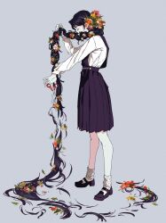 Rule 34 | 1girl, absurdly long hair, black dress, black footwear, black hair, braid, braided ponytail, commentary, covered mouth, cutting hair, cutting own hair, dress, flower, flower braid, from side, full body, grey background, hair flower, hair ornament, hair over shoulder, hand up, highres, holding, holding own hair, holding scissors, korean commentary, long hair, long sleeves, mary janes, orange flower, original, outstretched arm, pleated dress, red flower, scissors, severed hair, shirt, shoes, simple background, single braid, socks, solo, spoon tneod, very long hair, white flower, white shirt, white socks, yellow flower