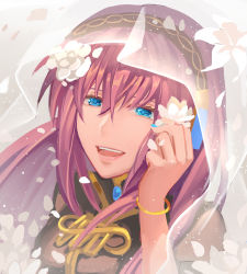 Rule 34 | 1girl, :d, black hairband, blue eyes, blue nails, bracelet, bridal veil, floating hair, flower, hair between eyes, hair flower, hair ornament, hairband, hand in own hair, highres, jewelry, kazenemuri, long hair, looking at viewer, megurine luka, nail polish, open mouth, petals, pink hair, portrait, smile, solo, veil, vocaloid, white flower