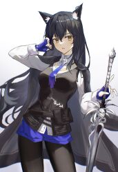 Rule 34 | 1girl, 2naom8q6gt87292, absurdres, animal ear fluff, animal ears, arknights, belt, belt pouch, black belt, black coat, black hair, black pantyhose, black vest, blue gloves, blue necktie, blue shorts, breasts, coat, coat on shoulders, commentary, dress shirt, ear piercing, expressionless, fingerless gloves, gloves, gradient background, grey background, hair between eyes, hand on hilt, highres, holding, holding own hair, long hair, looking at viewer, medium breasts, necktie, official alternate costume, pantyhose, pantyhose under shorts, parted lips, piercing, pouch, shirt, short shorts, shorts, simple background, solo, standing, sword, texas (arknights), texas the omertosa (arknights), vest, weapon, white background, white shirt, wolf ears, wolf girl, yellow eyes