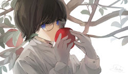 Rule 34 | 1girl, apple, artist name, blue eyes, branch, brown hair, commentary request, crying, crying with eyes open, food, fruit, glasses, gloves, grey gloves, hands up, highres, holding, holding food, leaf, looking at viewer, original, shinonome nemu (nemulog sn), shirt, short hair, simple background, solo, tears, upper body, white background, white shirt