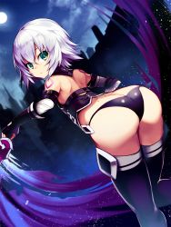 Rule 34 | 1girl, ass, bandages, bare shoulders, belt, black panties, black thighhighs, butt crack, dagger, dual wielding, dutch angle, fate/apocrypha, fate/grand order, fate (series), from behind, full moon, gloves, green eyes, highres, holding, jack the ripper (fate/apocrypha), knife, looking at viewer, looking back, moon, nirai kanai, open mouth, panties, reverse grip, scar, short hair, silver hair, solo, tattoo, thighhighs, underwear, weapon