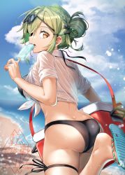 Rule 34 | ass, back, beach, bikini, black bikini, blouse, blue sky, breasts, brown eyes, collared shirt, commentary request, cooler, day, eyewear on head, flip-flops, food, girls&#039; frontline, green hair, hair bun, hair ribbon, highres, holding, holding food, kagami (haret46), large breasts, looking at viewer, looking to the side, magal (girls&#039; frontline), ocean, outdoors, popsicle, ribbon, sandals, see-through, see-through shirt, shirt, signature, single hair bun, sky, solo, sunglasses, swimsuit, tied shirt, walking, watermark, white shirt