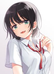 Rule 34 | 1girl, backlighting, black hair, blouse, blush, bob cut, breasts, collared shirt, commentary request, dutch angle, eyelashes, fangs, from side, green eyes, hand up, head tilt, highres, looking at viewer, medium breasts, neck ribbon, open mouth, original, partially unbuttoned, provocation, raised eyebrows, red ribbon, ribbon, shigure ui, shirt, short hair, short sleeves, sidelocks, simple background, solo, undone neck ribbon, upper body, white background, white shirt, wing collar