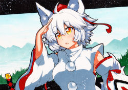 Rule 34 | 1girl, ahoge, animal ears, bad id, bad pixiv id, breasts, detached sleeves, fang, hat, inubashiri momiji, looking afar, medium breasts, multicolored eyes, open mouth, orange eyes, outdoors, pom pom (clothes), qqqrinkappp, red hat, red ribbon, ribbon, shirt, short hair, skin fang, sleeveless, sleeveless shirt, solo, tail, tokin hat, touhou, traditional media, turtleneck, white hair, white shirt, wide sleeves, wolf ears, wolf tail