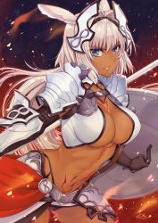 Rule 34 | 1girl, absurdres, animal ears, armor, black hairband, blue eyes, breasts, caenis (fate), cleavage, commentary request, dark-skinned female, dark skin, fate/grand order, fate (series), gu li, hairband, highres, holding, holding shield, long hair, looking at viewer, shield, shoulder plates, smile, solo, sword, tattoo, weapon, white hair