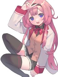 Rule 34 | arm up, armband, black thighhighs, hair between eyes, hh trismegistus, jacket, looking at viewer, nijisanji, open mouth, pink hair, purple eyes, ribbon, school uniform, simple background, sitting, solo, suo sango, suo sango (1st costume), thighhighs, v, virtual youtuber, white background