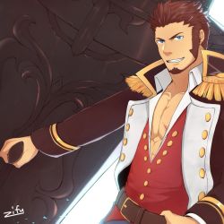 Rule 34 | 1boy, beard, blue eyes, brown hair, epaulettes, facial hair, fate/grand order, fate (series), hand on belt, huge weapon, jacket, large pectorals, long sideburns, long sleeves, looking at viewer, male focus, military, military uniform, muscular, napoleon bonaparte (fate), open clothes, open jacket, pectoral cleavage, pectorals, scar, sideburns, smirk, solo, uniform, upper body, weapon, zifu
