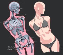 Rule 34 | 1girl, anatomy, arms behind back, artist name, bald, bald girl, black bra, black panties, bra, commentary, cowboy shot, dark background, dated, english commentary, facing viewer, grey background, highres, mixed-language commentary, original, panties, simple background, skeleton, solo, tatami (loop), teeth, underwear, x-ray vision