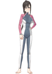 Rule 34 | 1girl, amanchu!, barefoot, black eyes, black hair, bodysuit, commentary request, covered navel, diving suit, easy (aqk7bdqt), full body, grin, hand on own hip, katori mato, long hair, ponytail, simple background, smile, solo, wetsuit, white background