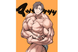 Rule 34 | 1boy, alternate muscle size, bare pectorals, biceps, bodybuilder, boxers, brown eyes, brown hair, cevio, checkered clothes, cowboy shot, flexing, highres, looking at viewer, male focus, male underwear, mashima jirou, muscular, muscular male, no pants, orange background, pectorals, pillarboxed, short hair, side chest pose, smirk, smug, solo, sound effects, takahashi amato, topless male, translation request, underwear, v-shaped eyebrows