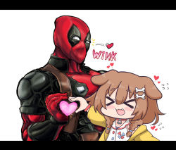 Rule 34 | &gt; &lt;, 1boy, 1girl, animal ears, bodysuit, bone hair ornament, braid, brown hair, crossover, deadpool, deadpool (series), dog ears, dog girl, hair ornament, heart, heart hands, heart hands duo, hololive, inugami korone, inugami korone (1st costume), letterboxed, marvel, matarou (matarou072), open mouth, simple background, twin braids, virtual youtuber, white background