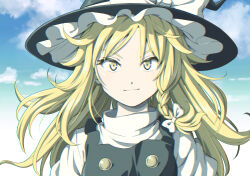 Rule 34 | 1girl, black hat, black vest, blonde hair, bow, braid, closed mouth, hat, hat bow, inuno rakugaki, kirisame marisa, light smile, long hair, looking at viewer, portrait, shirt, short sleeves, single braid, solo, straight-on, touhou, vest, white bow, white shirt, witch hat, yellow eyes
