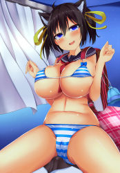 Rule 34 | animal ears, bag, bikini, black hair, blue eyes, blush, breasts, bulge, cameltoe, cat ears, cat tail, curtains, erection, erection under clothes, grinding, hair ribbon, huge breasts, open mouth, original, ribbon, short hair, smile, striped bikini, striped clothes, swimsuit, tail, yahiro (anhnw)