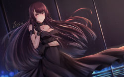 Rule 34 | 1girl, absurdres, alternate costume, alternate hairstyle, arm across waist, arm ribbon, bare shoulders, black dress, black gloves, black legwear, blue sky, blunt bangs, blush, breasts, cleavage, closed mouth, collarbone, cowboy shot, dated, dress, earrings, floating hair, girls&#039; frontline, gloves, hand up, highres, indoors, jewelry, large breasts, long hair, looking at viewer, night, night sky, purple hair, red eyes, reflection, ribbon, sidelocks, signature, single glove, sky, smile, solo, star (sky), starry sky, tsurime, very long hair, wa2000 (girls&#039; frontline), zhishi ge fangzhang
