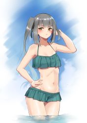 Rule 34 | 1girl, absurdres, bare arms, bare shoulders, bikini, blue bikini, blush, breasts, c-da, closed mouth, cloud, collarbone, commentary request, day, grey hair, hair ribbon, halterneck, hand in own hair, hand on own hip, highres, kantai collection, kasumi (kancolle), layered bikini, long hair, navel, outdoors, ponytail, ribbon, sidelocks, sky, small breasts, solo, standing, stomach, swimsuit, wading, water, wet, yellow eyes