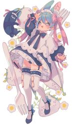Rule 34 | + +, 1boy, absurdres, animal ears, arm up, black bow, black bowtie, black dress, blue eyes, blue hair, bow, bowtie, commentary, crossdressing, daisy, dated commentary, dress, flower, food, fork, fruit, highres, male focus, original, ozureiji, pink eyes, rabbit, rabbit boy, rabbit ears, short hair, simple background, solo, strawberry, striped bow, striped bowtie, striped clothes, thighhighs, underwear, waving, white background, white flower, white strawberry, white thighhighs