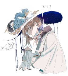 Rule 34 | 1boy, blending, blue bow, blue flower, bow, brown hair, cape, collared cape, commentary request, downer witch (vocaloid), dripping, flower, gold trim, hair bow, hat, hat bow, hat flower, hi (n e t), kanae (nijisanji), long hair, long sleeves, looking at viewer, low ponytail, nijisanji, purple bow, shirt, solo, two-sided fabric, two-sided headwear, virtual youtuber, vocaloid, white cape, white shirt, witch hat