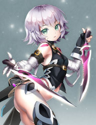 Rule 34 | 1girl, ass, bad id, bad pixiv id, bandaged arm, bandages, belt, black gloves, breasts, cowboy shot, dagger, dual wielding, facial scar, fate/apocrypha, fate (series), fingerless gloves, from side, gloves, halterneck, highres, holding, holding sword, holding weapon, jack the ripper (fate/apocrypha), knife, looking at viewer, parted lips, red eyes, scar, scar on cheek, scar on face, short hair, silver hair, small breasts, solo, suishougensou, sword, thighhighs, thighs, weapon
