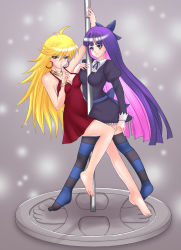 Rule 34 | 10s, 2girls, between breasts, blonde hair, breasts, finger on lips, highres, large breasts, long hair, multiple girls, panty &amp; stocking with garterbelt, panty (psg), pink hair, pole, pole dancing, purple hair, sawwei005, stocking (psg)