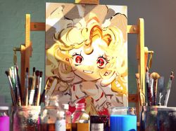 Rule 34 | 1girl, ascot, blonde hair, blurry, bottle, brush, canvas (object), depth of field, flandre scarlet, highres, inkopico, jar, medium hair, paint, paintbrush, photorealistic, portrait (object), realistic, red eyes, red vest, slit pupils, smile, solo, still life, touhou, vest, white headwear, yellow ascot