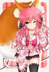 Rule 34 | 10s, 1girl, \n/, animal ear fluff, animal ears, bow, bra, breasts, cleavage, collarbone, fang, fang out, fate/extra, fate (series), fox ears, fox shadow puppet, fox tail, frilled thighhighs, frills, hair bow, hair ribbon, highres, jacket, jewelry, large tail, long hair, looking at viewer, nail polish, navel, necklace, official alternate costume, one eye closed, pendant, pink bra, pink hair, ribbon, short shorts, shorts, smile, solo, striped clothes, striped jacket, tail, tamamo (fate), tamamo no mae (fate/extra), tamamo no mae (spring casual) (fate), tapi (tapiest), thighhighs, twintails, underwear, yellow eyes