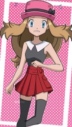 Rule 34 | 1girl, absurdres, bare arms, black thighhighs, blue eyes, brown hair, collared shirt, commentary request, creatures (company), eyelashes, flying sweatdrops, game freak, hat, highres, jiffy0v0, long hair, looking at viewer, nintendo, outline, parted lips, pink background, pink hat, pleated skirt, pokemon, pokemon (anime), pokemon xy (anime), raised eyebrows, red skirt, serena (pokemon), shirt, skirt, sleeveless, sleeveless shirt, solo, thighhighs
