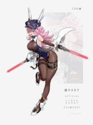Rule 34 | 1girl, absurdres, animal ears, arm warmers, armpits, bare shoulders, between breasts, black gloves, blue eyes, blue hat, blue leotard, breasts, cleavage, dual wielding, energy sword, fake animal ears, fang, full body, gloves, hat, highres, holding, holding lightsaber, holding sword, holding weapon, jacket, large breasts, leg up, leotard, lightsaber, long hair, looking at viewer, off shoulder, open mouth, original, panty straps, peaked cap, pink hair, police hat, rabbit ears, see-through, see-through cleavage, sem (honey sv), shoes, smile, solo, sword, thigh strap, thighs, weapon, white jacket, zoom layer