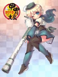 Rule 34 | 10s, 1girl, ;), black thighhighs, blonde hair, blue eyes, boots, braid, cape, centurion (tank), checkered background, closed mouth, cosplay, darjeeling (girls und panzer), detached sleeves, fingerless gloves, full body, girls und panzer, gloves, green cape, green eyes, green skirt, headgear, holding, holding weapon, invisible chair, kacchu musume, knee boots, looking at viewer, mahou shoujo madoka magica, mahou shoujo madoka magica (anime), mecha musume, military, military vehicle, miniskirt, motor vehicle, one eye closed, pouch, ribbed legwear, sankuma, shirt, short hair, sitting, skirt, smile, solo, tank, tank turret, thighhighs, twin braids, watermark, weapon, white shirt