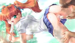 Rule 34 | 1boy, 1girl, anus, ass, blush, food, green eyes, looking at another, looking back, no panties, object insertion, one eye closed, orange hair, popsicle, pussy, ribbon, school uniform, skirt, sweat, tanuki gakuen, twintails, uncensored, vaginal, vaginal object insertion, wink