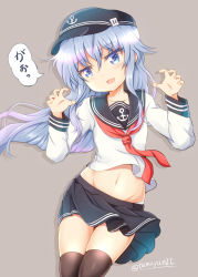Rule 34 | 1girl, anchor symbol, black sailor collar, black skirt, black thighhighs, blue eyes, collarbone, commentary request, curled fingers, fang, flat cap, grey background, groin, hat, hibiki (kancolle), highres, kantai collection, long hair, long sleeves, looking at viewer, lying, navel, neckerchief, open mouth, panties, panty peek, pleated skirt, red neckerchief, sailor collar, school uniform, serafuku, silver hair, skin fang, skirt, tamayan, thighhighs, underwear, white panties