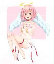 Rule 34 | 1girl, :d, angel, angel wings, ankle ribbon, barefoot, blush, borrowed character, bracelet, choker, flat chest, floating, full body, hair ornament, hairpin, halo, heart, highres, interlocked fingers, jewelry, leg ribbon, lingerie, looking at viewer, navel, open mouth, original, own hands clasped, own hands together, panties, petite, pink hair, red eyes, red ribbon, ribbon, see-through, short hair, side-tie panties, smile, solo, tatsuyoshi (zawahomura), thigh ribbon, underwear, white wings, wings