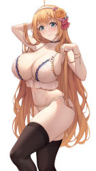 Rule 34 | 1girl, absurdres, ahoge, bare shoulders, bikini, blue eyes, blush, braid, breasts, cleavage, collarbone, highres, holding, holding own hair, kannko bokujou, large breasts, long hair, looking at viewer, navel, orange hair, pecorine (princess connect!), princess connect!, side braid, smile, solo, swimsuit, thighhighs, thighs, white bikini