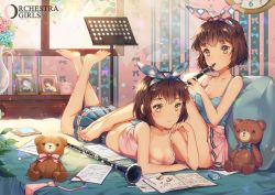 Rule 34 | 2girls, bad id, bad pixiv id, bare shoulders, barefoot, blush, breasts, brown eyes, brown hair, clarinet, cleavage, dangmill, feet, hairband, instrument, looking at viewer, lying, matching outfits, multiple girls, on stomach, short hair, siblings, sisters, sitting, skirt, stuffed animal, stuffed toy, teddy bear, twins