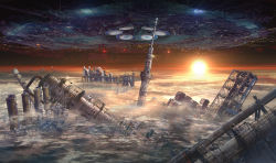 Rule 34 | building, cloud, commentary request, no humans, original, ruins, scenery, science fiction, sun, tower, ufo, yakkunn