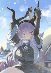 1girl arknights arms_up bird black_bird black_gloves blue_sky blurry blurry_background blush breasts chromatic_aberration closed_mouth cloud cold cowboy_shot gloves hair_between_eyes highres horns large_breasts long_hair looking_to_the_side mountain purple_eyes purple_hair sidelocks sitting sky snow snowing solo sweatdrop tree typhon_(arknights) variant_set watanab1019