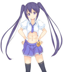 Rule 34 | 1girl, :3, abs, black hair, hands on own hips, highres, long hair, maki (makidai2024), midriff, necktie, original, purple eyes, shirt, simple background, solo, thighhighs, torn clothes, torn shirt, twintails, white background