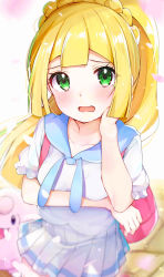 Rule 34 | 1girl, absurdres, backpack, bag, blonde hair, blurry, blush, braid, breast hold, breasts, clefairy, collarbone, commentary request, cowboy shot, creatures (company), depth of field, game freak, gen 1 pokemon, green eyes, green hair, hand on own cheek, hand on own face, hand up, highres, lillie (pokemon), long hair, looking at viewer, miniskirt, multicolored hair, nintendo, open mouth, petals, pleated skirt, pokemon, pokemon (creature), pokemon usum, ponytail, rouka (akatyann), short sleeves, skirt, small breasts, solo focus, streaked hair, very long hair, white skirt