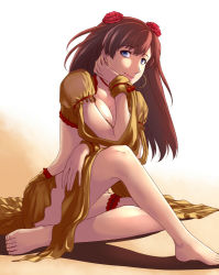 Rule 34 | 1girl, bare arms, barefoot, blue eyes, blush, breasts, brown hair, head rest, cleavage, commentary request, earrings, fate/grand order, fate (series), flower, hair flower, hair ornament, hand on own chin, hoop earrings, ishii hisao, jewelry, large breasts, long hair, looking at viewer, mata hari (fate), midriff, sitting, smile, solo
