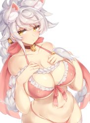 Rule 34 | 1girl, animal ears, asymmetrical hair, bad id, bad tumblr id, blush, bra, braid, breasts, cat ears, cleavage, collar, collarbone, covered erect nipples, frilled bra, frills, from above, kantai collection, kemonomimi mode, large breasts, long hair, looking at viewer, navel, panties, pink bra, pink panties, pokoten (pokoten718), simple background, skindentation, solo, underwear, unryuu (kancolle), white background, white hair, wide hips, yellow eyes