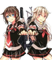 Rule 34 | 10s, 2girls, bad id, bad pixiv id, blue eyes, braid, brown hair, fingerless gloves, gloves, hair flaps, hair ornament, hair over shoulder, hairclip, kantai collection, multiple girls, outstretched arm, outstretched hand, personification, pleated skirt, red eyes, ryousui nao, school uniform, serafuku, shigure (kancolle), single braid, skirt, yuudachi (kancolle)