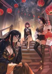 Rule 34 | 3girls, absurdres, aerial fireworks, bare shoulders, black footwear, black gloves, black hair, black shorts, boots, breasts, cleavage, closed mouth, commentary request, eru (eru illust), fireworks, full body, gloves, goddess of victory: nikke, hair ornament, high heel boots, high heels, highres, holding, holding lantern, lantern, large breasts, long hair, long sleeves, looking at viewer, midriff, moran (nikke), multicolored hair, multiple girls, navel, night, outdoors, parted bangs, parted lips, red eyes, rosanna (nikke), sakura (nikke), short shorts, shorts, sidelocks, sitting, smile, standing, thigh boots, thighs, two-tone hair, underworld queen (nikke), white hair